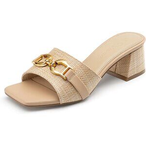 Women's Nature Raffia Heeled Sandals Square Open Toe Slip On Mules Chunky Heels